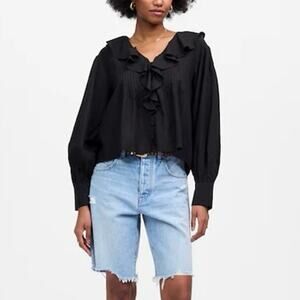 NWT Madewell Ruffled Pintucked Long-Sleeve V-Neck Top Black Size Small